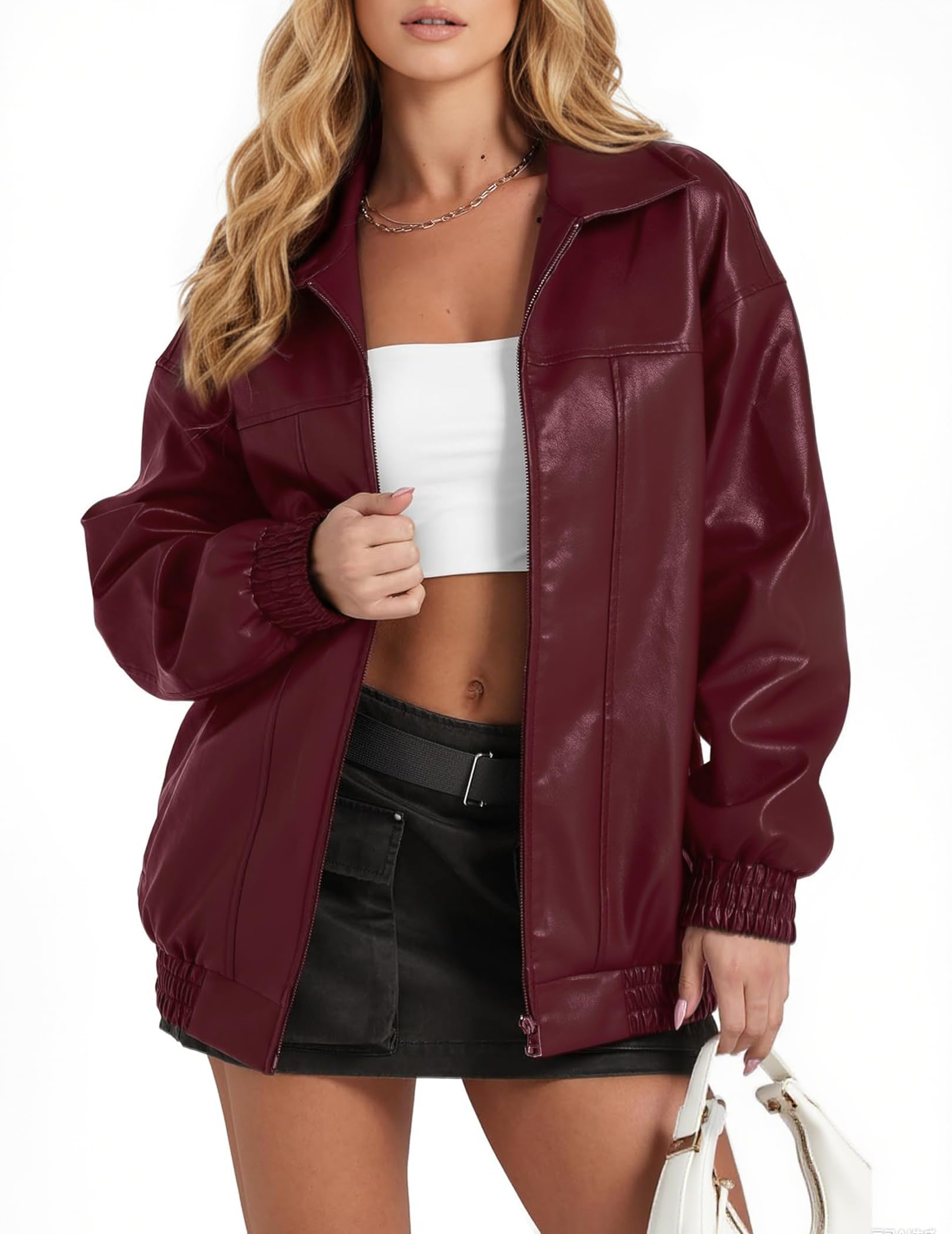 Women's Oversized Leather Jacket, Casual Soft Faux Leather Zip Motorcycle Coat With Pocket 2026 Spring Trendy